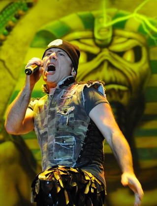 Bruce Dickinson of the legendary British rock band Iron Maiden performs at Ricardo Saprissa Stadium during a concert in San J