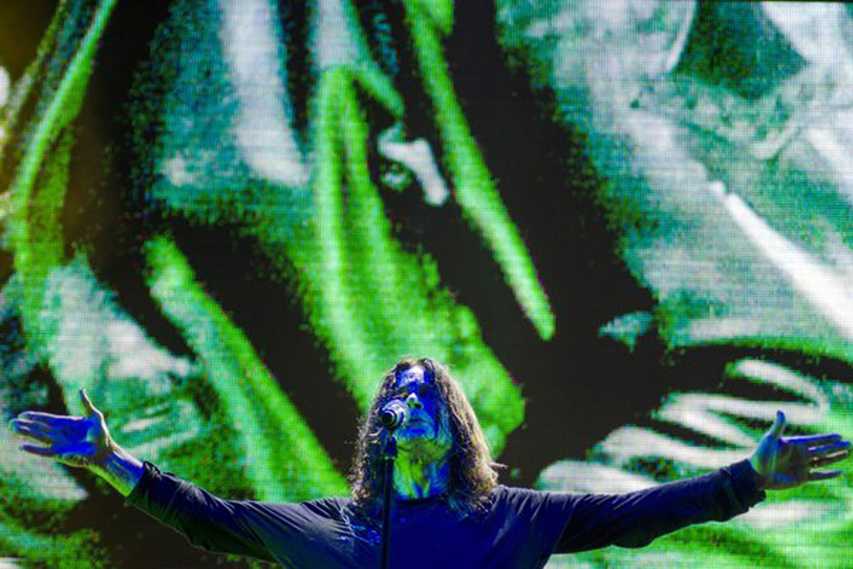 Musician Ozzy Osbourne, lead singer of British band Black Sabbath during concert of their world tour, 'The Reunion Tour', ...