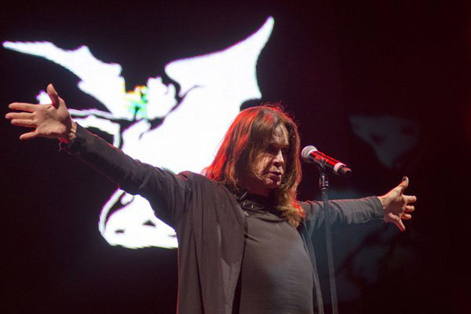 Musician Ozzy Osbourne, lead singer of British band Black Sabbath during concert of their world tour, 'The Reunion Tour', in 