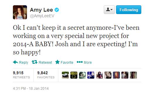 Amy Lee bekommt ein Kind