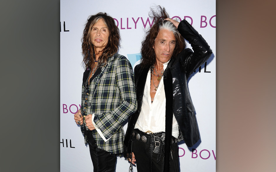 LOS ANGELES, CA - JUNE 22:  Steven Tyler and Joe Perry of Aerosmith attends the Hollywood Bowl opening night celebration at T