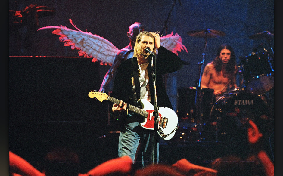 Kurt Cobain and Dave Grohl of Nirvana during MTV Live and Loud: Nirvana Performs Live - December 1993 at Pier 28 in Seattl...