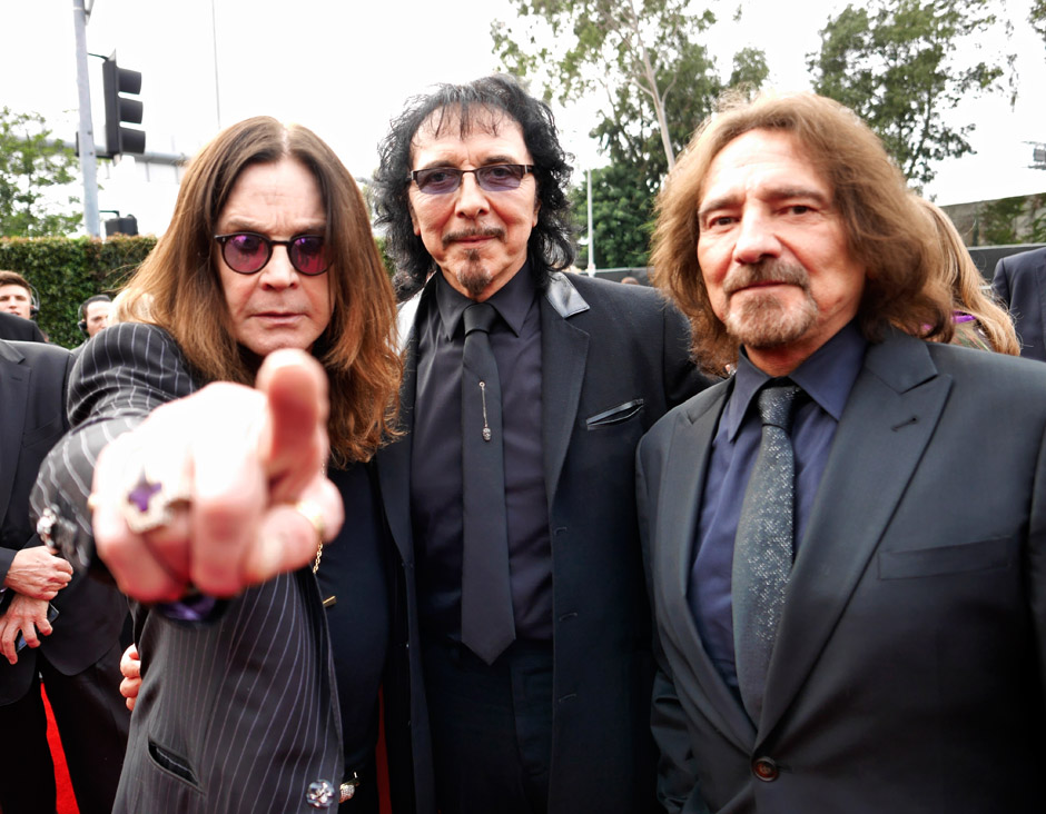 Image #: 26811208    Ozzy Osbourne, Toni Loomi and Geezer Butler of The band 'Black Sabbath' arrive at the 56th Annual Grammy