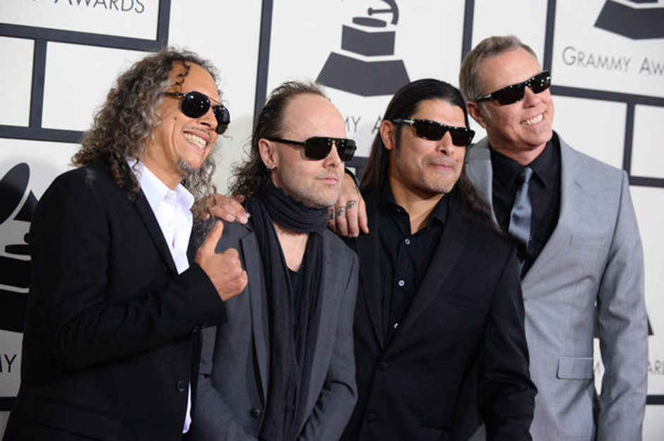Kirk Hammett, from left, Lars Ulrich, Robert Trujillo and James Hetfield of Metallica arrive at the 56th annual Grammy Awa...