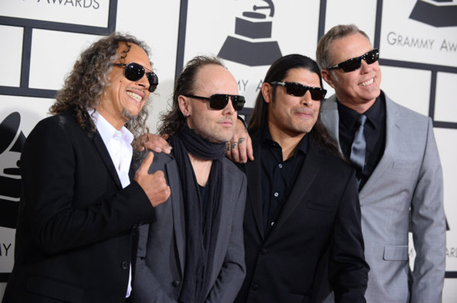 Kirk Hammett, from left, Lars Ulrich, Robert Trujillo and James Hetfield of Metallica arrive at the 56th annual Grammy Awards