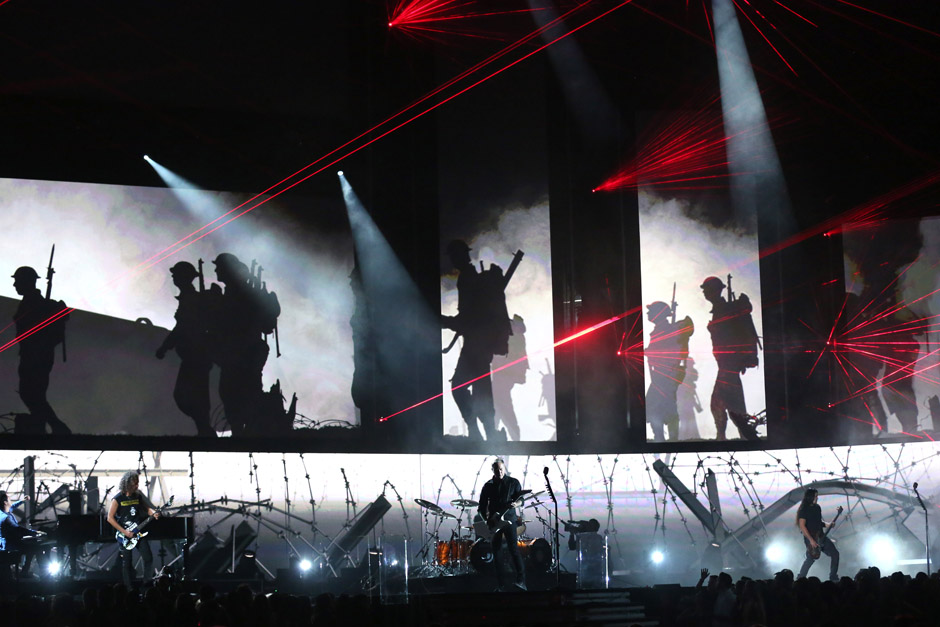 Musical group Metallica and Lang Lang, left, perform 'One' on stage at the 56th annual Grammy Awards at Staples Center on Sun