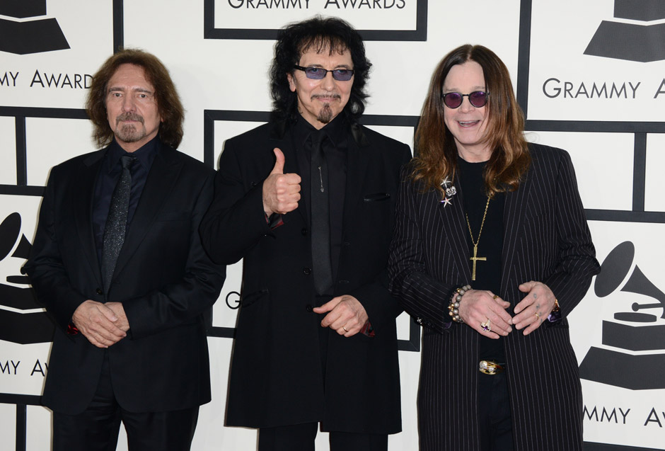 Geezer Butler, Tony Iommi and Ozzy Osbourne of Black Sabbath attend the 56th GRAMMY Awards at Staples Center on January 26...