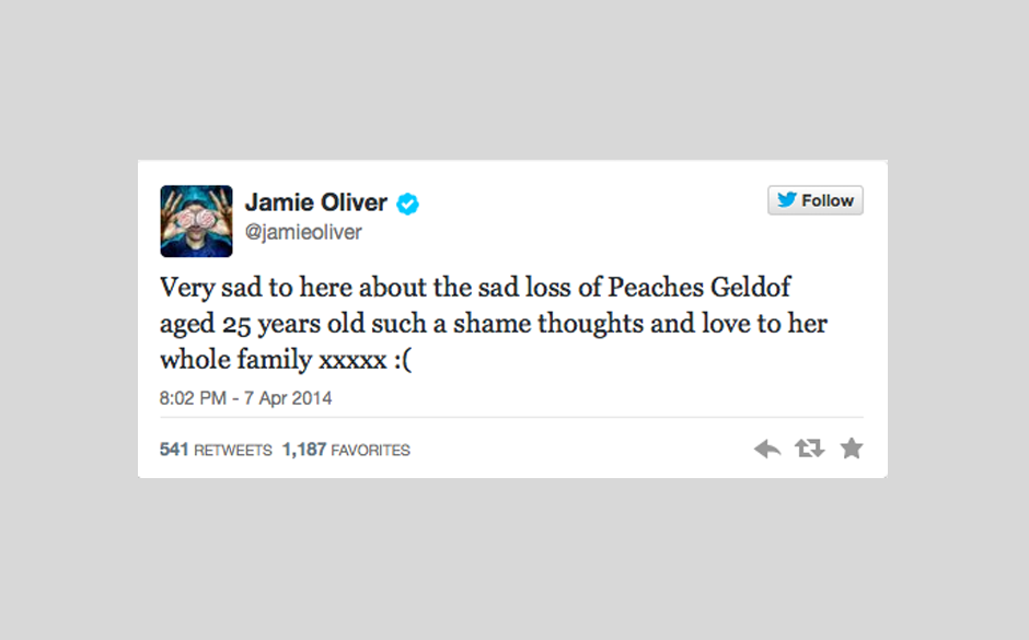 Auch Starkoch Jamie Oliver drückt Peaches' Familie sein Beileid aus