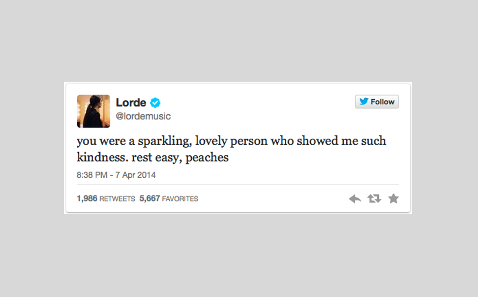 Lorde beschreibt Peaches als 'strahlende, liebenswürdige Person, die ihr so viel Freundlichkeit entgegengebracht hat'