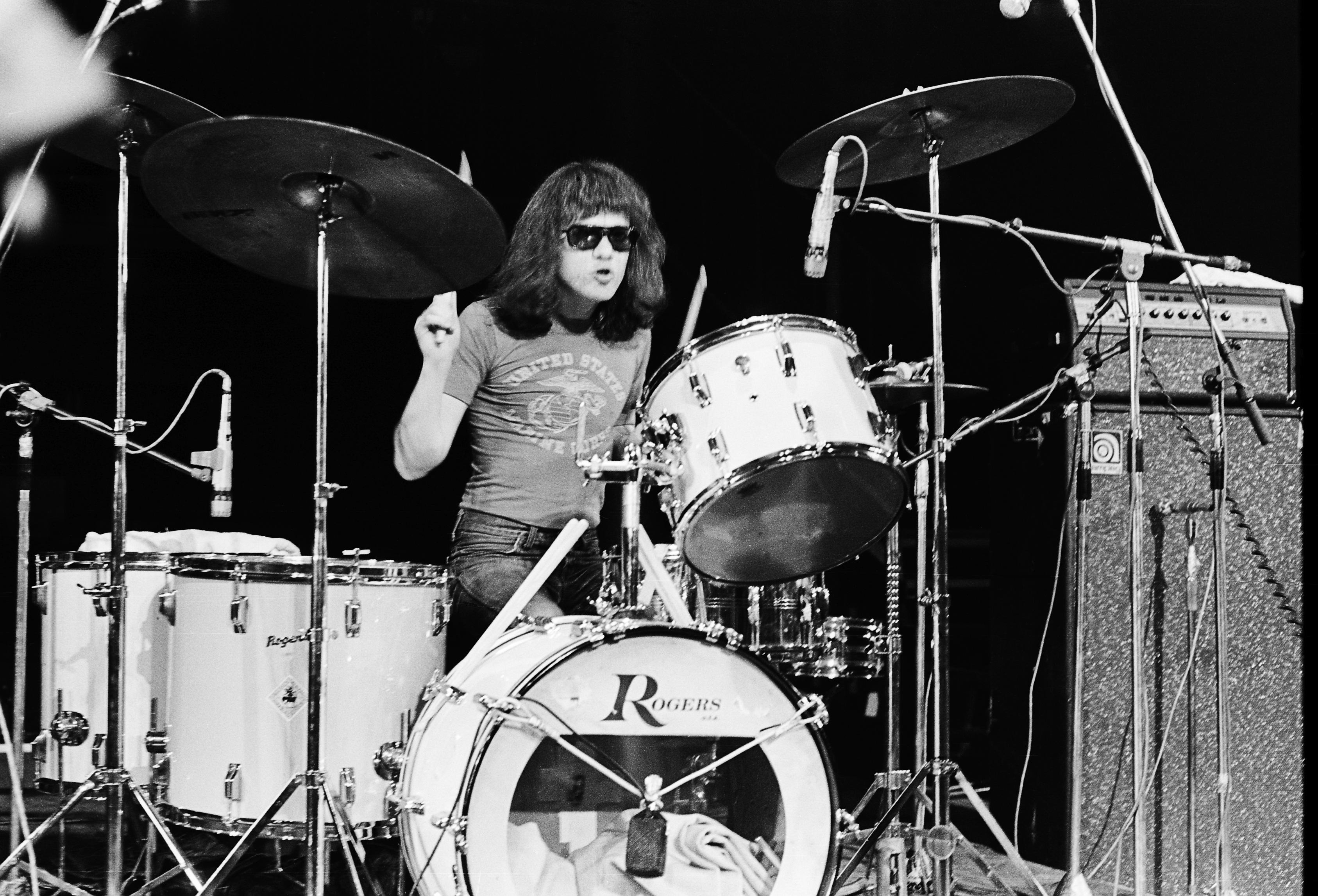 Tommy Ramone (Thomas Erdelyi) performs on stage with The Ramones at The Roundhouse in London on 4th July 1976. (Photo by Gus 