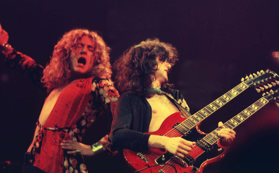 Robert Plant and Jimmy Page of Led Zeppelin at the Chicago Stadium in Chicago, Illinois (Photo by Laurance Ratner/WireImage)