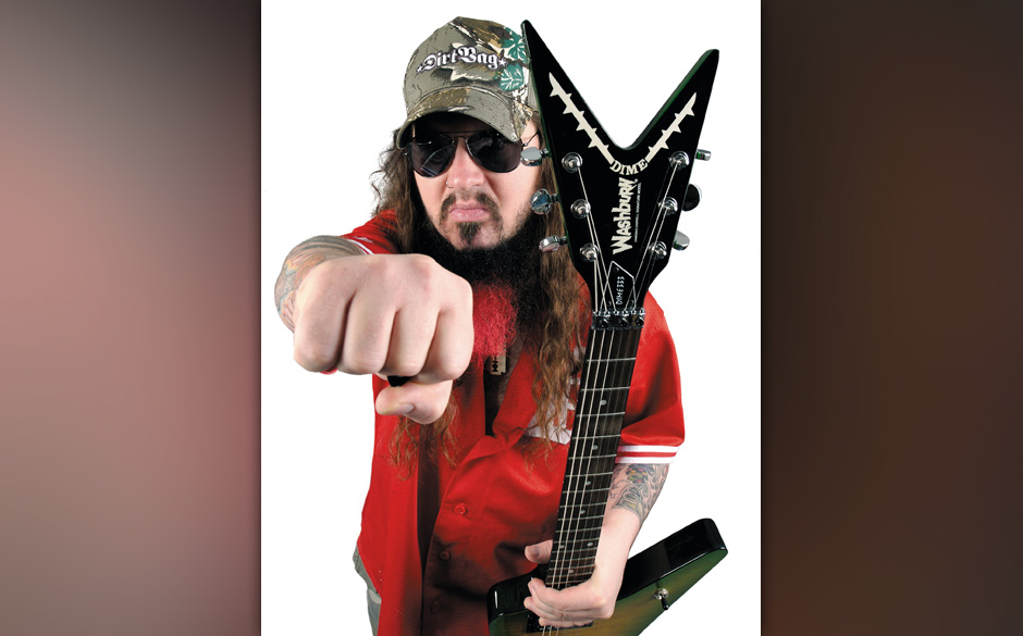 Portrait of American guitarist Darrell Abbott, better known by his stage name Dimebag Darrell, taken on June 8, 2004. Darr...