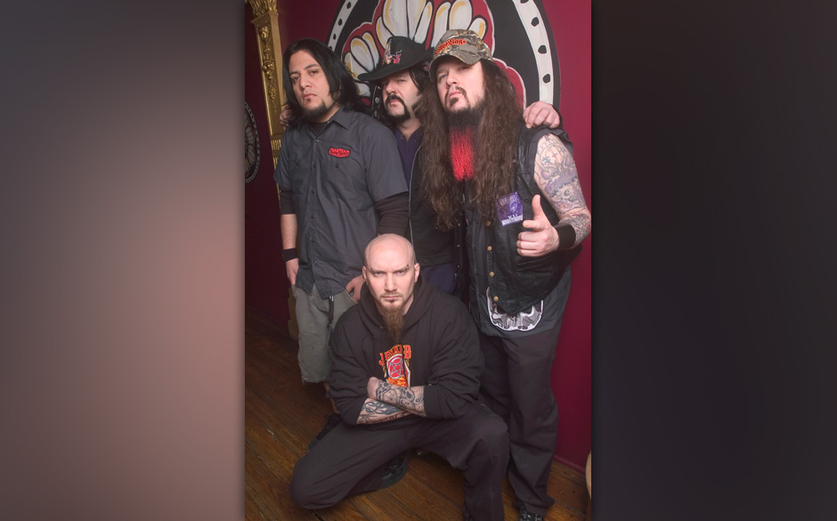 Group portrait of American music group Damageplan as the pose backstage at the House of Blues, Chicago, Illinois, April 8, 20