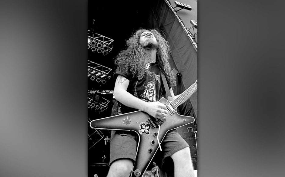 Pantera guitarist Dimebag Darrell live at Castle Donington Monsters of Rock, United Kingdom, 1994. (Photo by Martyn Goodac...