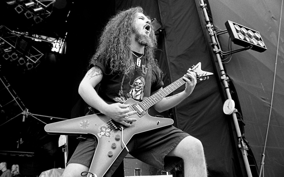 Pantera guitarist Dimebag Darrell live at Castle Donington Monsters of Rock, United Kingdom, 1994. (Photo by Martyn Goodacre/