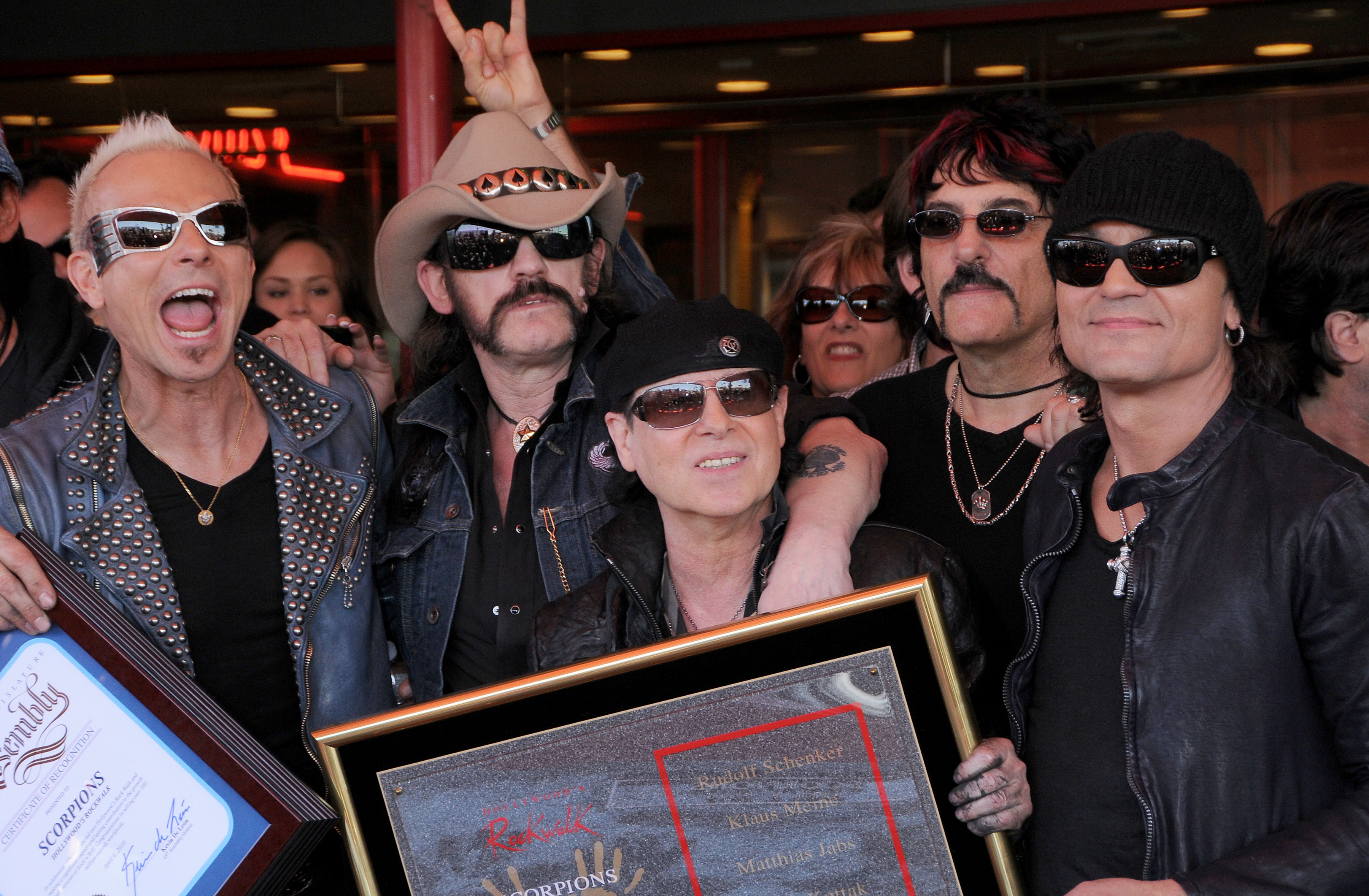 HOLLYWOOD, CA - APRIL 6: Rudolf Schenker, Lemmy of Motorhead, Klaus Meine, Carmine Appice and Matthias Jabs pose together ...