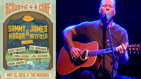‘Acoustic-4-A-Cure’-Plakat 2015 & James Hetfield (Metallica) beim ‘Acoustic 4 Cure’-Konzert 2014