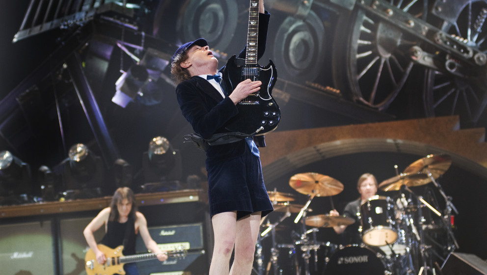 LONDON, UNITED KINGDOM - MAY 16: Angus Young of AC/DC performing live on stage at the O2 Arena, April 16, 2009. (Photo by Rob