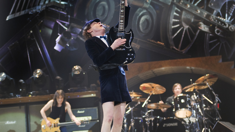 LONDON, UNITED KINGDOM - MAY 16: Angus Young of AC/DC performing live on stage at the O2 Arena, April 16, 2009. (Photo by ...