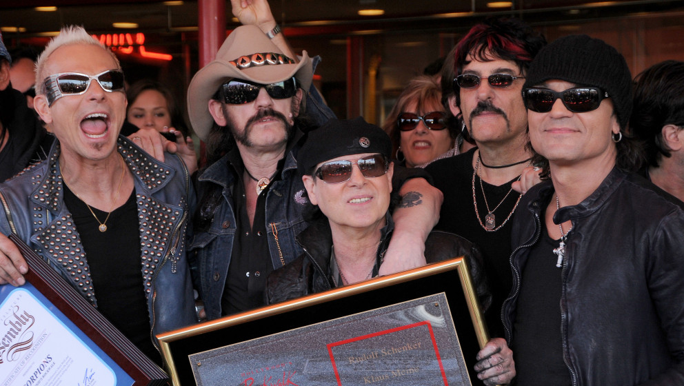 HOLLYWOOD, CA - APRIL 6: Rudolf Schenker, Lemmy of Motorhead, Klaus Meine, Carmine Appice and Matthias Jabs pose together ...