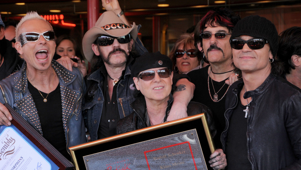 HOLLYWOOD, CA - APRIL 6: Rudolf Schenker, Lemmy of Motorhead, Klaus Meine, Carmine Appice and Matthias Jabs pose together as 