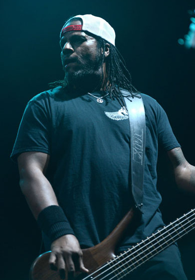 INGLEWOOD, CA - MARCH 14:  Bass player Traa Daniels of P.O.D performs onstage at The Forum on March 14, 2015 in Inglewood, Ca