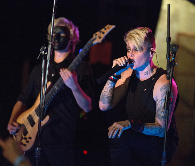 INDIANAPOLIS, IN - OCTOBER 08:  OTEP performs onstage at The Emerson Theater on October 8, 2013 in Indianapolis, Indiana. ...
