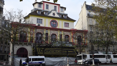 A general view shows the area outside the Bataclan theatre in Paris cordoned off by police on November 18, 2015. Three men...
