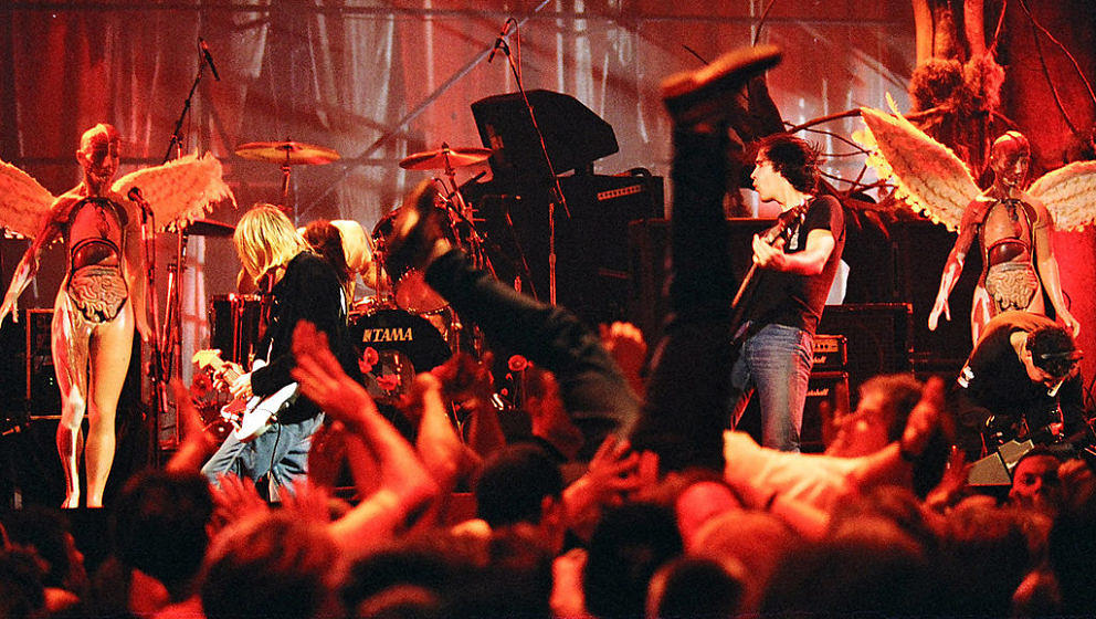 Kurt Cobain, Dave Grohl and Krist Novoselic of Nirvana (Photo by Jeff Kravitz/FilmMagic)