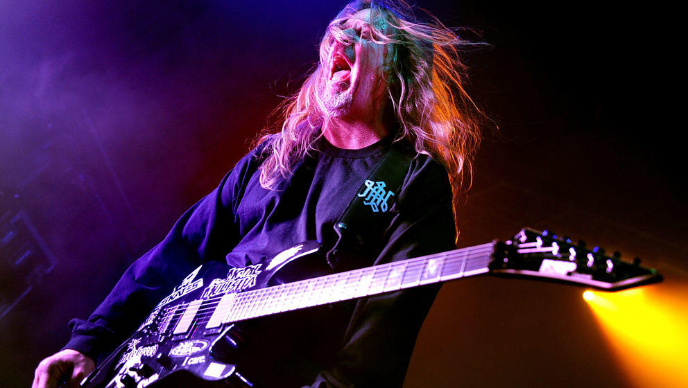 MANCHESTER, ENGLAND - MAY 30:  Jeff Hanneman of Slayer performs at Manchester Academy on May 30, 2010 in Manchester, England.