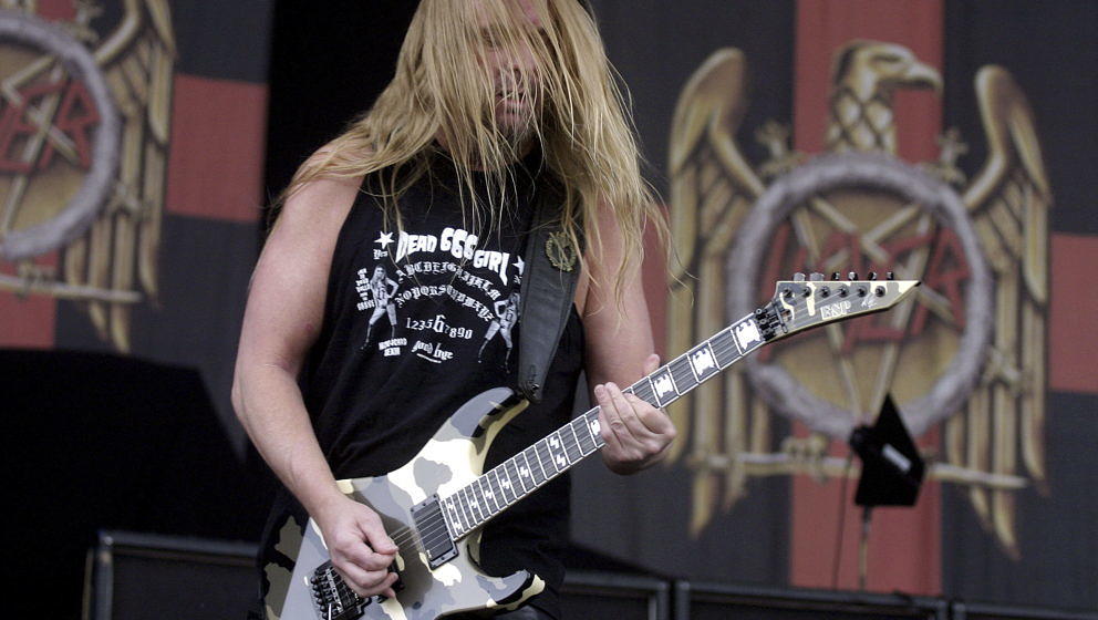 Jeff Hanneman guitarist fromSlayer performing live at the main stage at Download festival, Downington Park on June 11,2005; ;