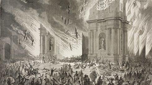 Beispielbild Kirchenbrand (Illustration namens "Fire in the Church of the Company of Jesus" über ein Kirchenfeuer in Santiago de Chile am 8. Dezember 1863, ursprünglich veröffentlicht in: L'Illustration, Journal Universel, No 1094, Volume XLIII vom 13. Februar 1864)