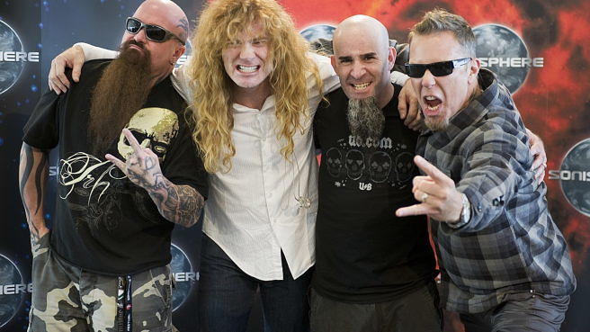 Kerry King (Slayer), Dave Mustaine (Megadeth), Scott Ian (Anthrax) und James Hetfield (Metallica) (v.l.) beim Sonisphere Festival 2010 in Polen