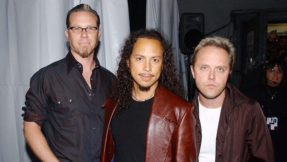 James Hetfield, Kirk Hammett und Lars Ulrich 2002 bei der 'MTV Icon Aerosmith'-Show