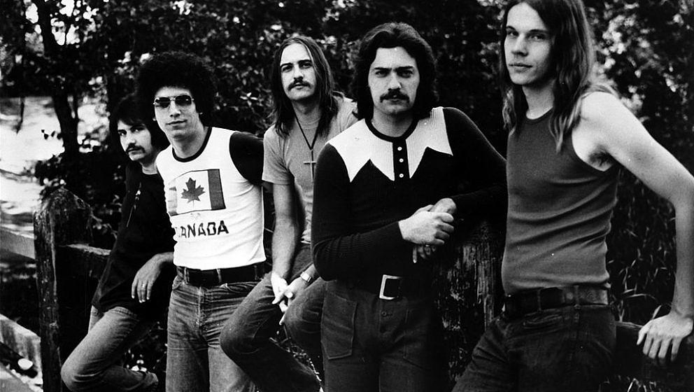 CIRCA 1973:  Chuck Panazzo, John Curulewski, Dennis De Young, John Panazzo, James Young of the rock quintet 'Styx' poses for 