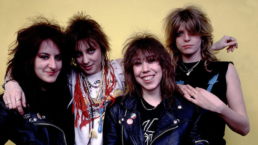 Portrait of the all women British heavy metal band Girlschool, Chicago, Illinois, 1982. (Photo by Paul Natkin/Getty Images)