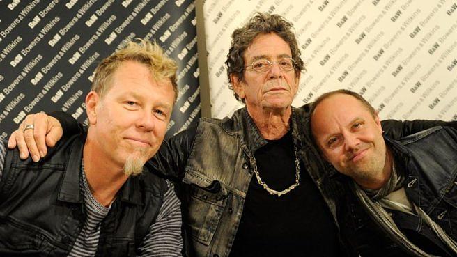 Lou Reed (M.). mit James Hetfield (l.) und Lars Ulrich bei einer LULU-Listening Session 2011 in New York