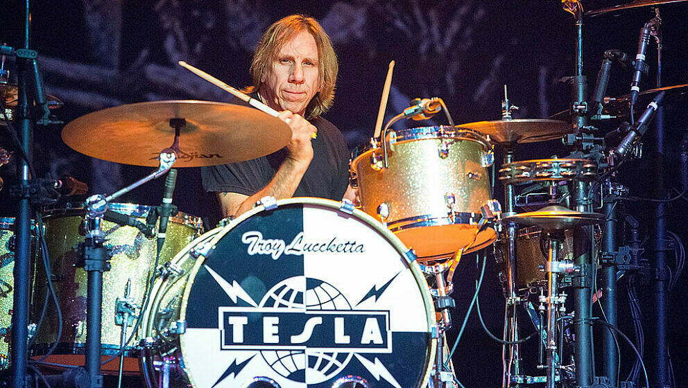 EL CAJON, CA - SEPTEMBER 19:  Drummer Troy Luccketta performs on stage with Tesla on September 19, 2014 in El Cajon, Californ