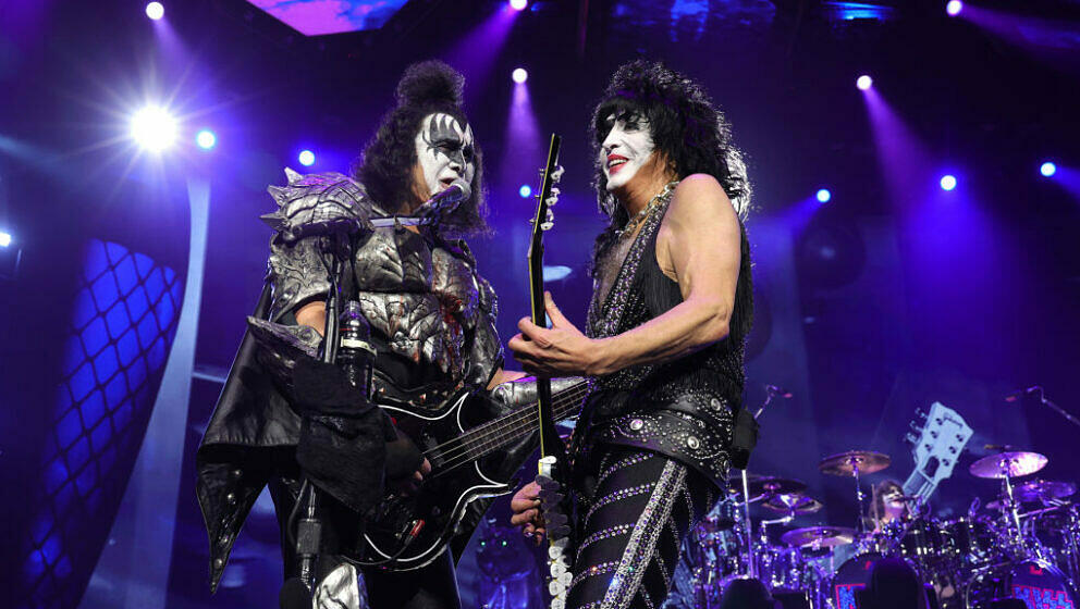 NEW YORK, NEW YORK - DECEMBER 02:  Gene Simmons and Paul Stanley of KISS perform during the final show of KISS: End of the Ro