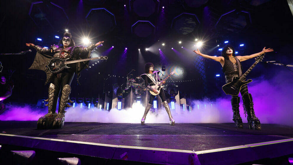 NEW YORK, NEW YORK - DECEMBER 02:  Gene Simmons, Tommy Thayer and Paul Stanley of KISS perform during the final show of KISS: