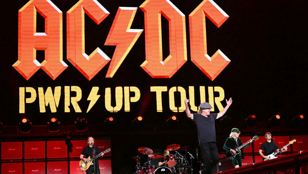 Australian rock band AC/DC perform on stage during their 'PowerUp Tour 2024' at the VELTINS-Arena in Gelsenkirchen, western G